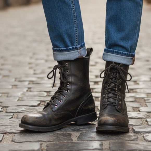 Frye Shoes - Frye Veronica Combat Distress Black Brown Tumbled Leather Laced Combat AnkleBoot